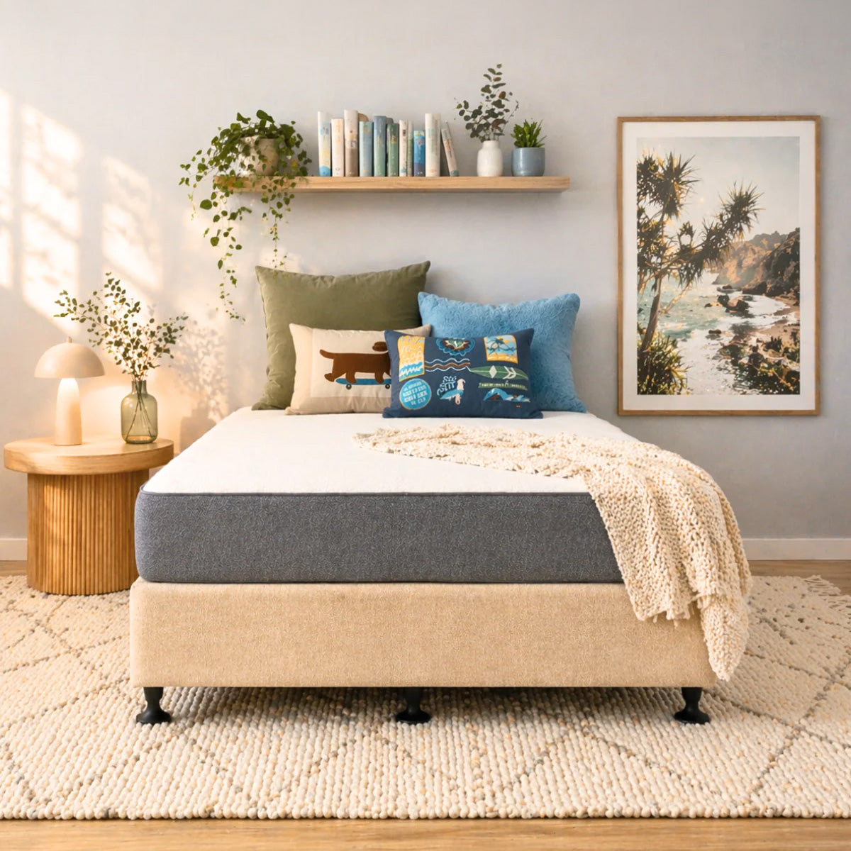 Naptime mattress and base in a styled room