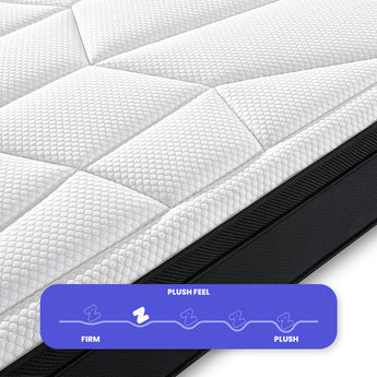 Close-up of a mattress with 'Plush Feel' label indicating firmness level.