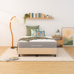 Bedroom with a Osteo Support mattress, pillows, bed base and decor