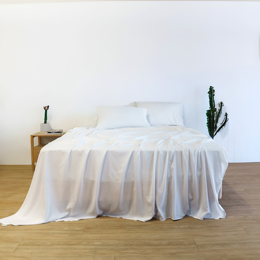 Bed with white bedding in a minimalistic room with a plant and side table.