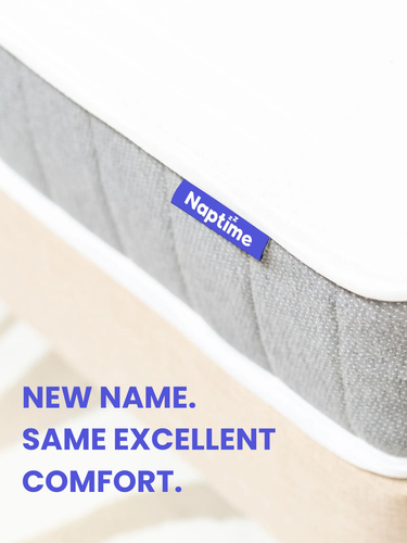 Gray mattress with 'Naptime' brand label on a white background