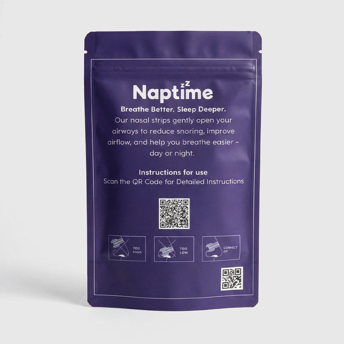 Purple packaging of Naptime nasal strips with text and QR code on a light gray background