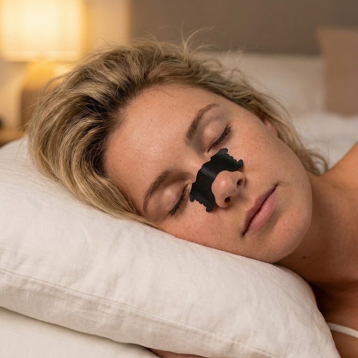 Women laying on a pillow with nasal strip on her nose 