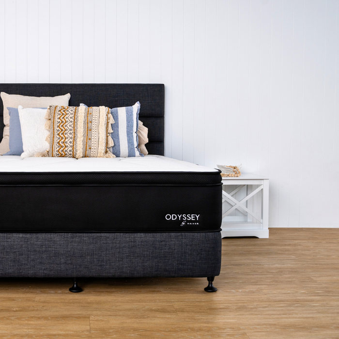 Odyssey mattress with bed base and headboard and pillows 