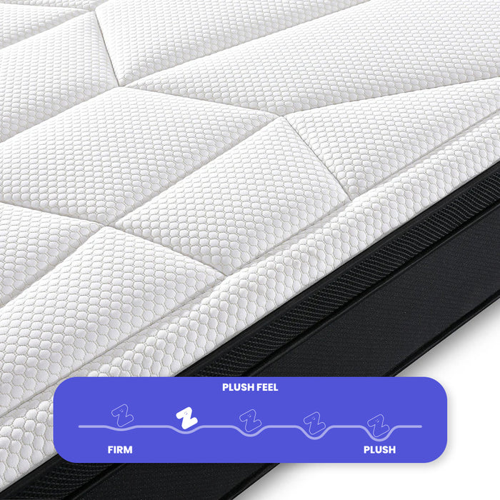 Close-up of a mattress with 'Plush Feel' label indicating firmness level.