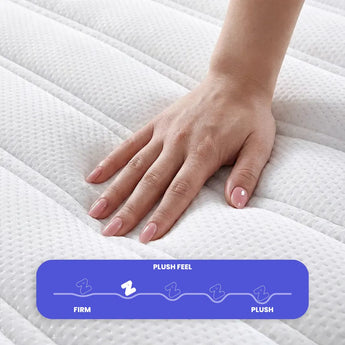 Hand on a mattress with a plush feel label indicating softness.