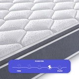Close-up of a mattress with 'Plush Feel' label indicating plush texture.