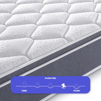 Close-up of a mattress with 'Plush Feel' label indicating plush texture.