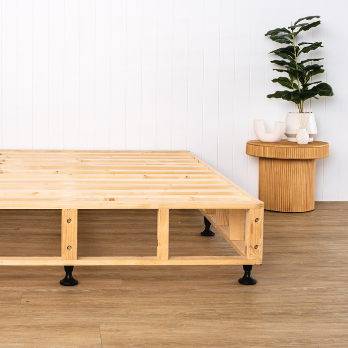 Scandi timber bed base with side table and pot