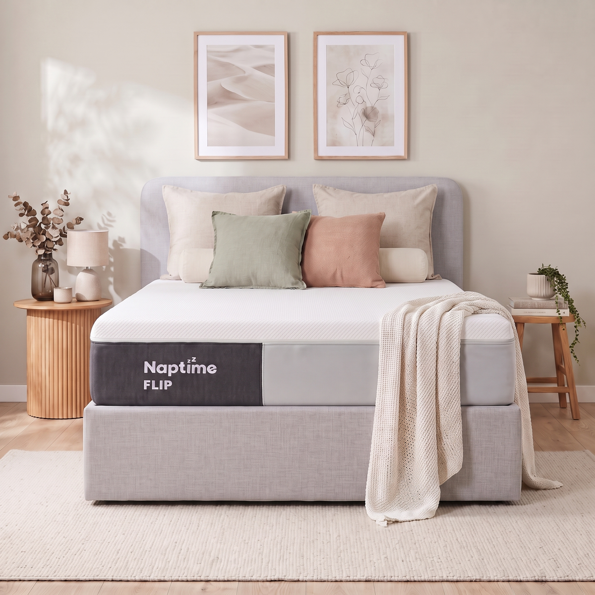 Naptime Mellow bed frame in grey with attached headboard, made up with a Naptime Flip mattress